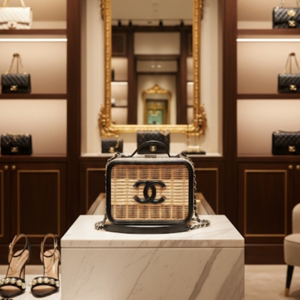 Chanel Wicker/ Raffia Patent CC Filigree Vanity Case.